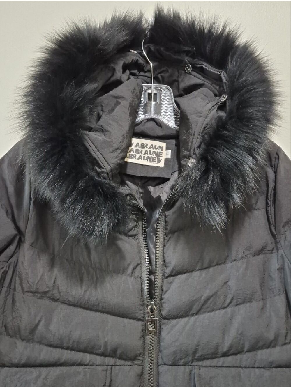 EVA BRAUN Black Mid-Length Puffer Coat Fur Hood Size LL / F - Picture 2 of 11